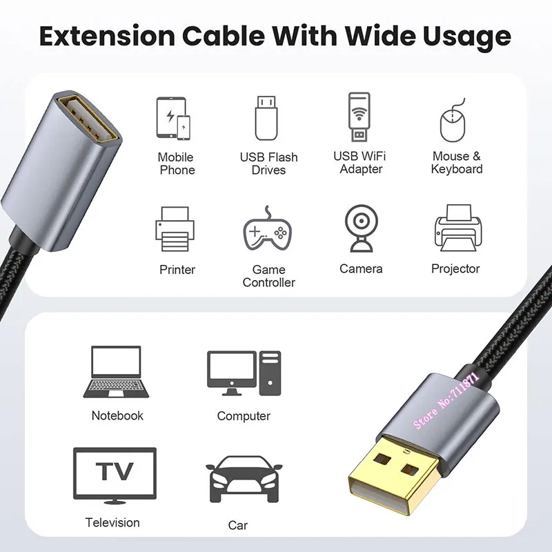 Gold Plated metal shell Usb2.0 Male Female Extension Cable Cord Male to Female Usb2 Usb 2.0 Extend lengthen Line Wire Usb2.0 M F