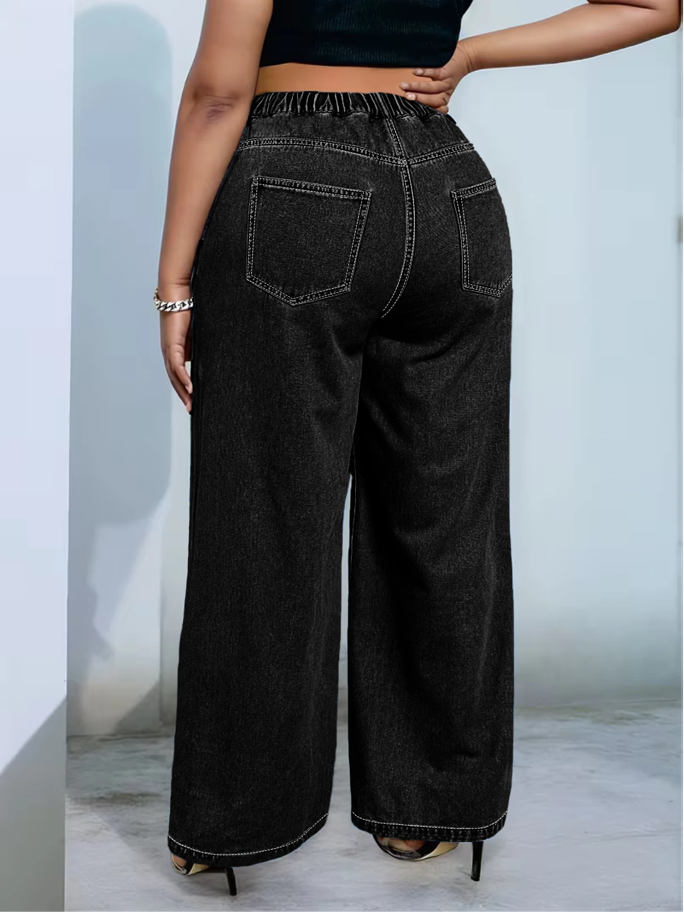 Plus-size women's loose straight-leg jeans, simple belt design, washed high-waisted style. view 3