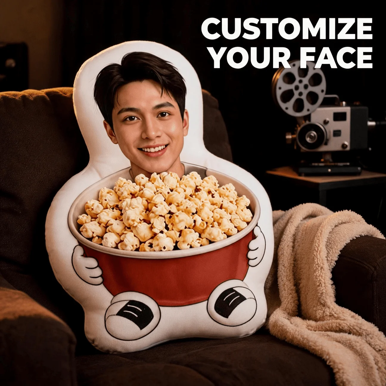 Custom Photo Popcorn Bucket Shaped Pillow, Personalized Face Decorative Cushion with Smiling Portrait, 70cm Funny Home Decor Acc