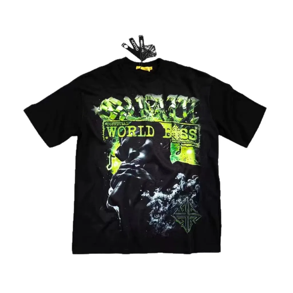Guapi fluorescent green rapper-style short-sleeved retro smoky wash cotton T-shirt for both men and women