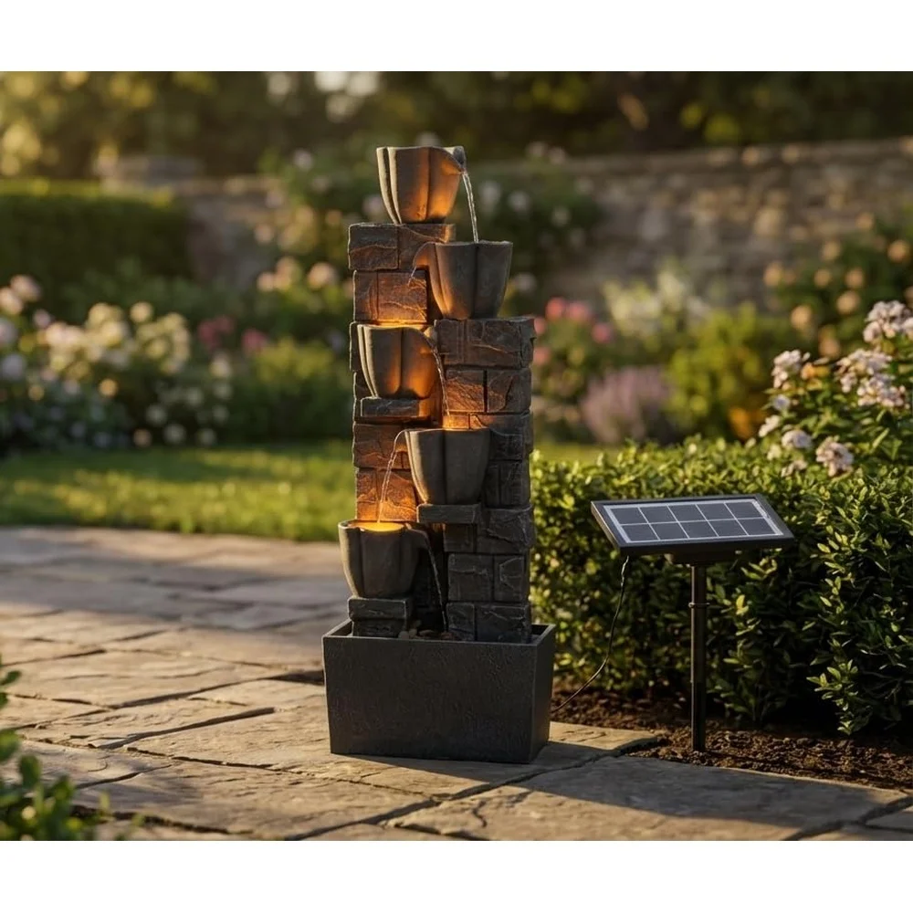Solar Powered Water Fountain Outdoor 38.2 Inch Tall 4 Tiers Tulip Waterfall Fountain with LED Lights Grey Decorative
