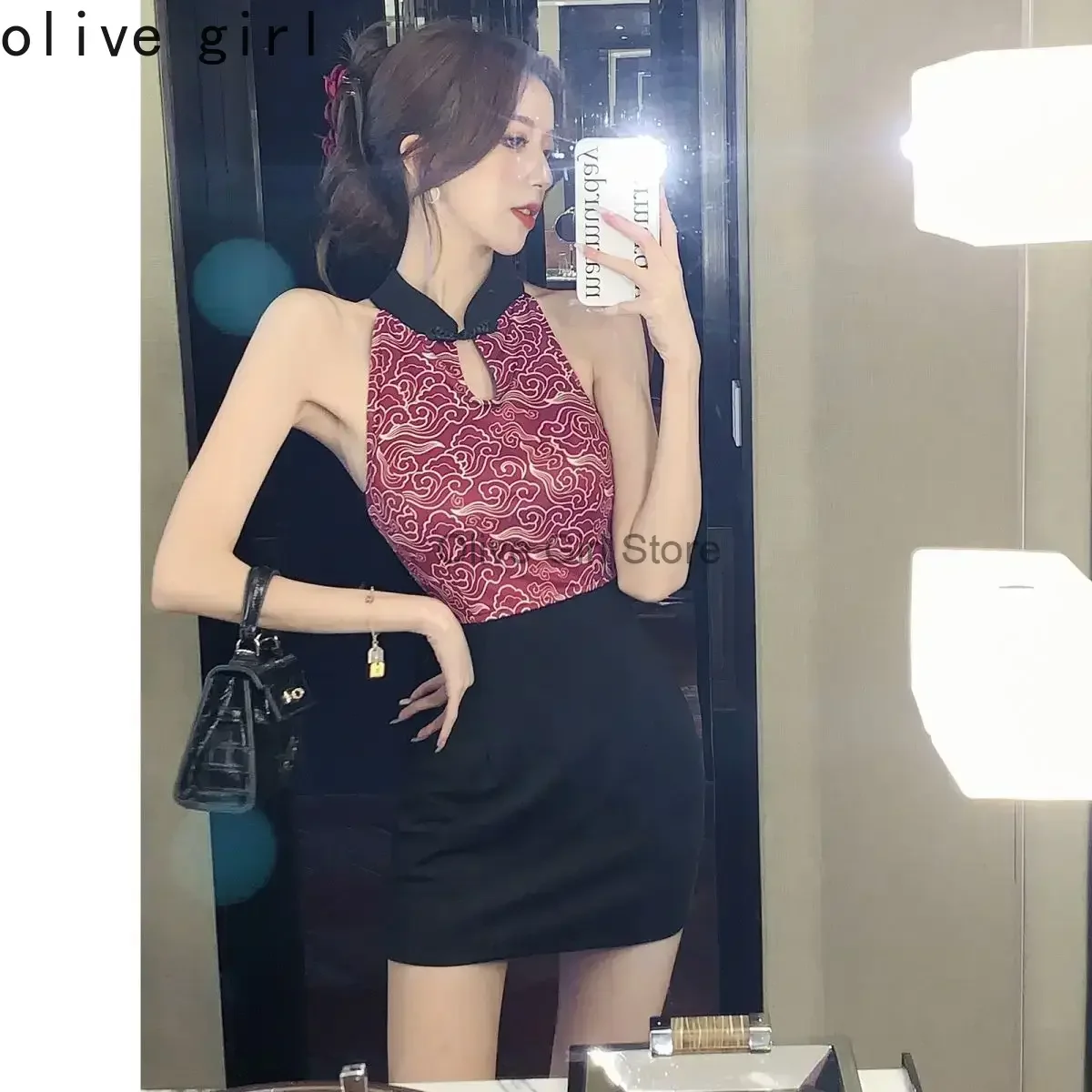 Large Size Qipao Contrasting Color Sexy Cheongsam Hanging Neck Dress Elegant Summer Improved Bodycon Dress