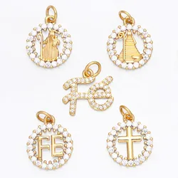 OCESRIO Virgin Mary Charms for Necklace Earrings Gold Plated Copper CZ Cross FE Handmade Jewelry Making Supplies DIY chma151