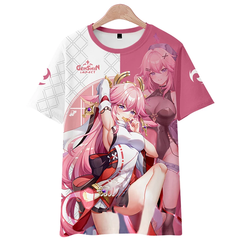 Genすねインパクトアニメーション半袖Tシャツ男性と女性用、半袖、ラウンドネック、ハーフスリーブ、コスプレ痛み服、shenziショーツ