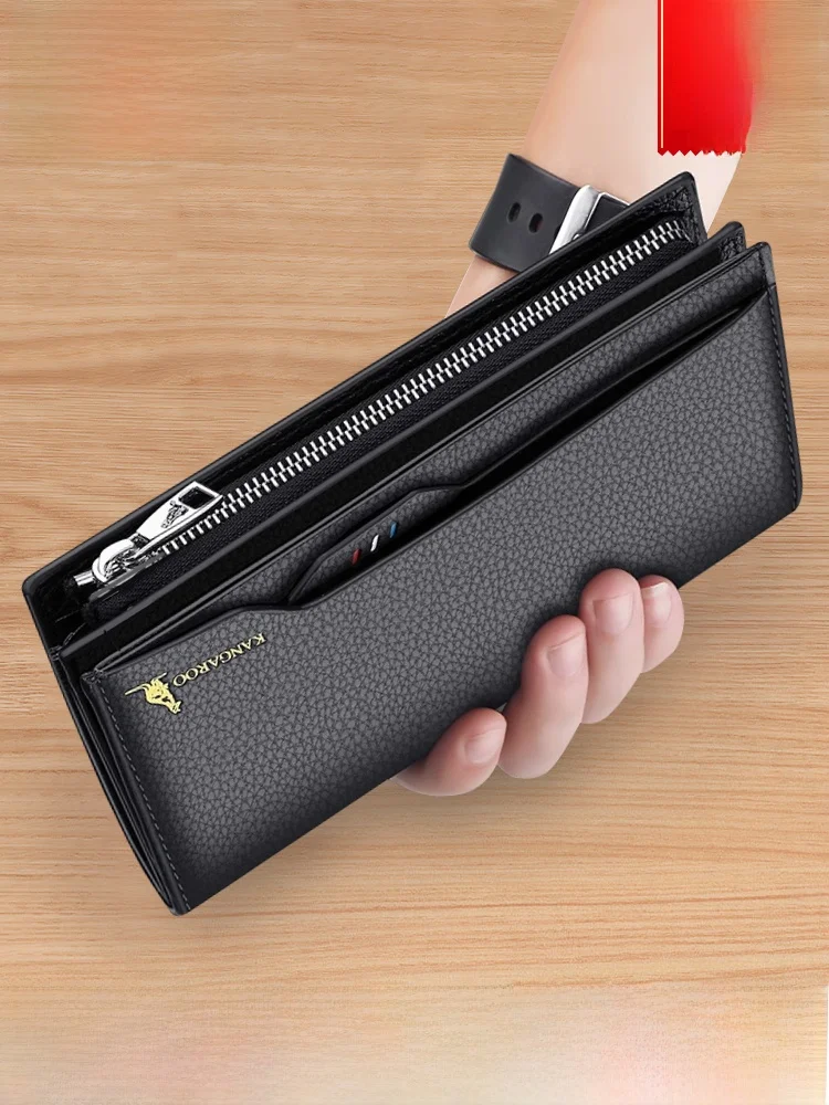 kangaroo-leather-long-wallet-men's-handbag-large-capacity-cowhide-bifold-clutch-purse-business-style-vertical-shape-color