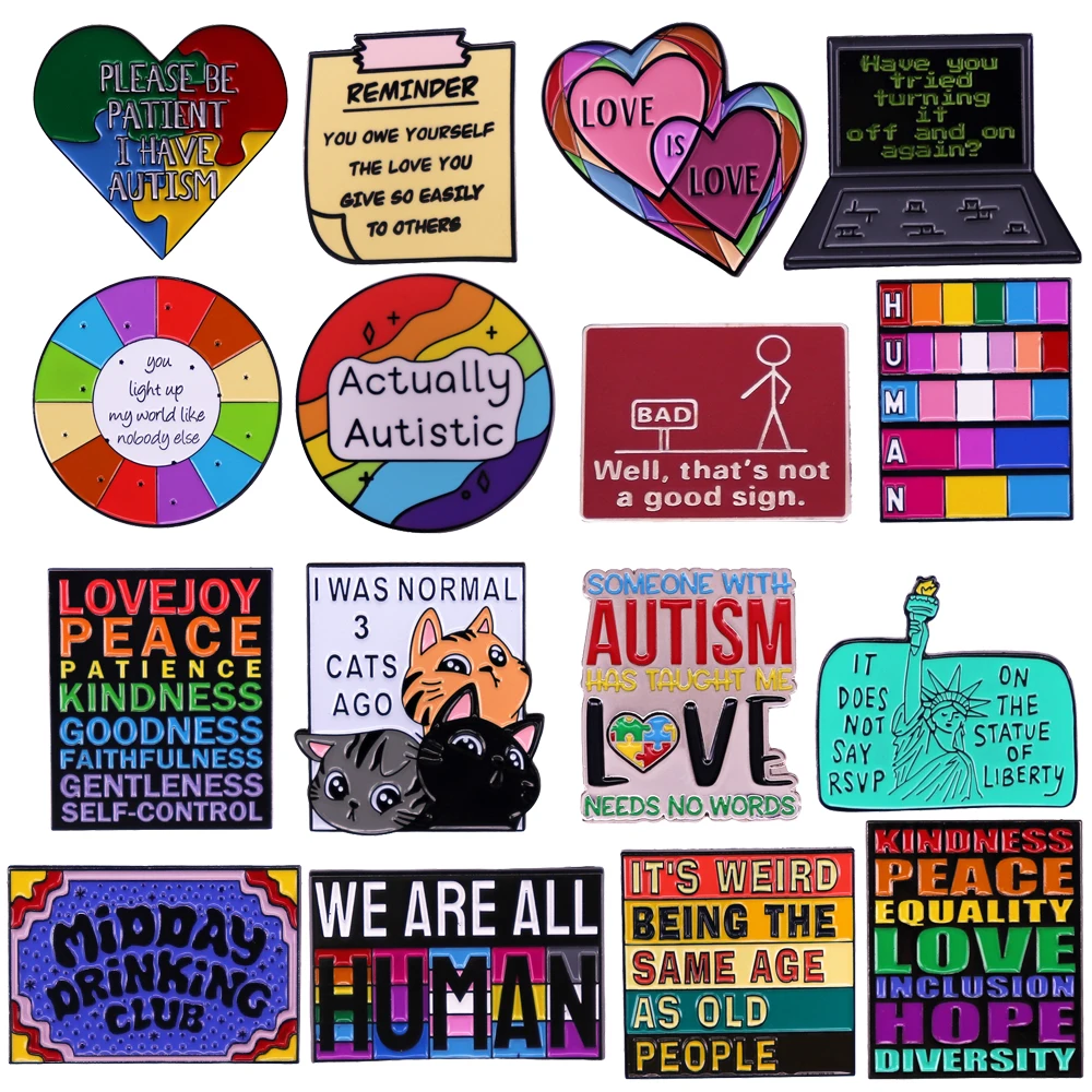 Regenbogen Autismus Bewusstsein Puzzle Broschen für Kleidung Zitate Emaille Pins Abzeichen