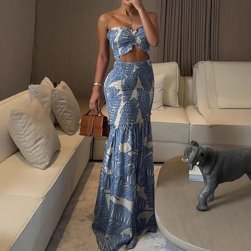 

Women Elegant Pattern Print Hollow Party Dress Fashion Hight Waist Pleat Beach Dress Sexy Halter Sleeveless Vacation Long Dress