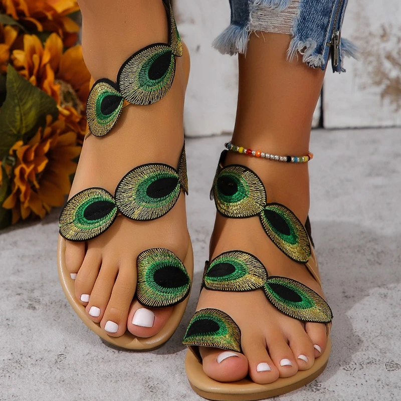 Women\'s Sandals Summer New Flat Round Head Set Toe Hollow Peacock Feather Slippers Casual Lightweight Comfortable Sandals