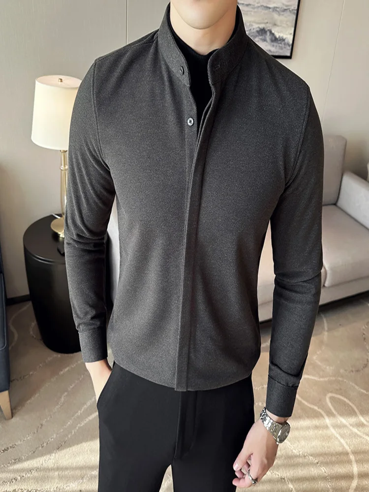 Luxury Autumn and Winter Thickened Woolen Stand Collar Shirts Casual Two-Piece Sweaters in Deep Grey mens shirts