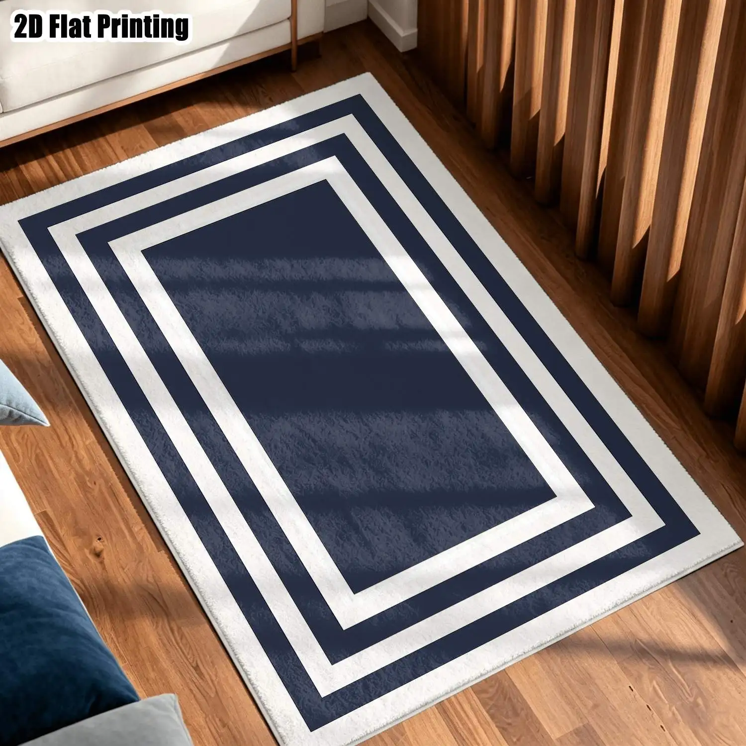 1Pc 2D Printed Carpet: Deep Blue White Geometric Striped Nordic Modern Simple Home Decor Carpet, Multi-Size, Machine Washable, for Entrance, Living Room, Bedroom, Study, Dining Room