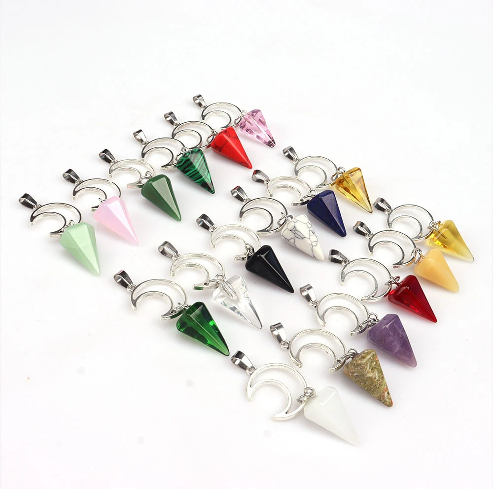 

10pcs Natural Crystal Stone Pendant Gemstone Hexagonal Cone Hollow Moon Accessory Spiritual Pendulum Charms