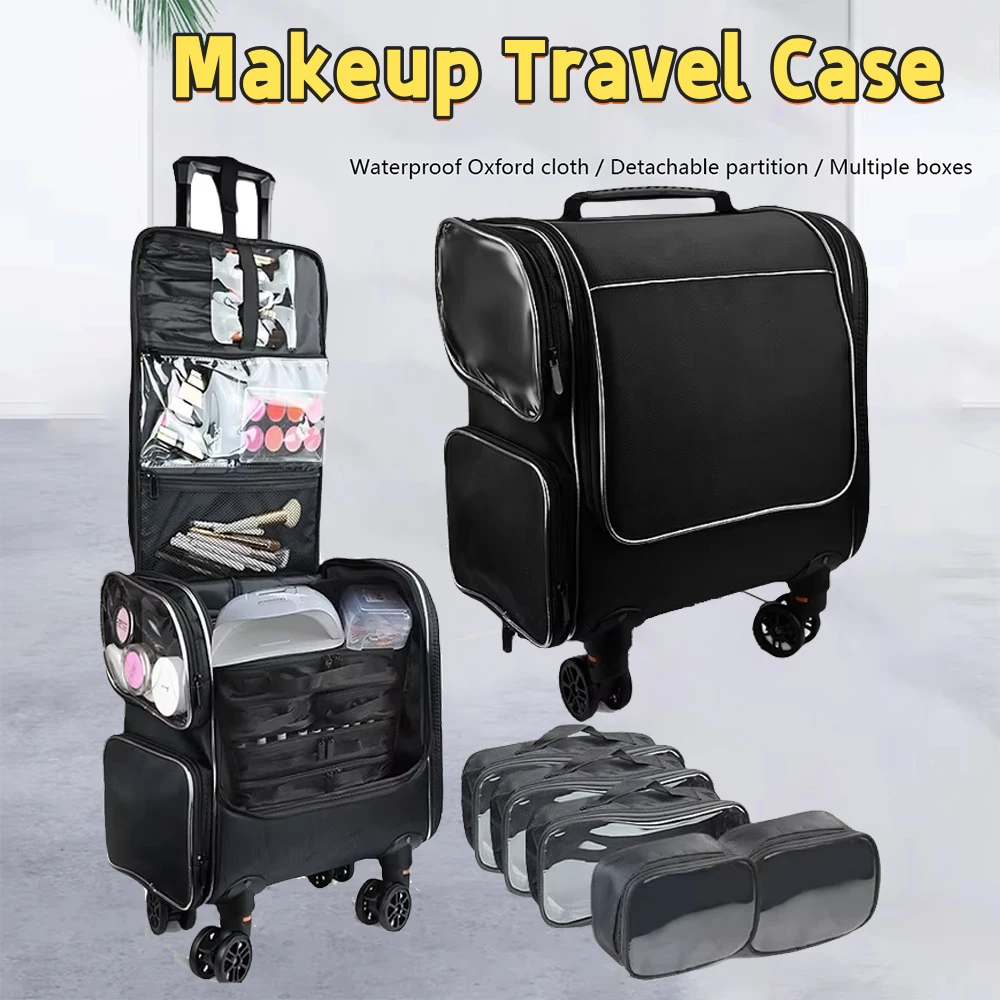 Travel Makeup Artist Bag with Wheels Cosmetic Brush Storage Beauty Tool Organizer Rolling Suitcase for Artists