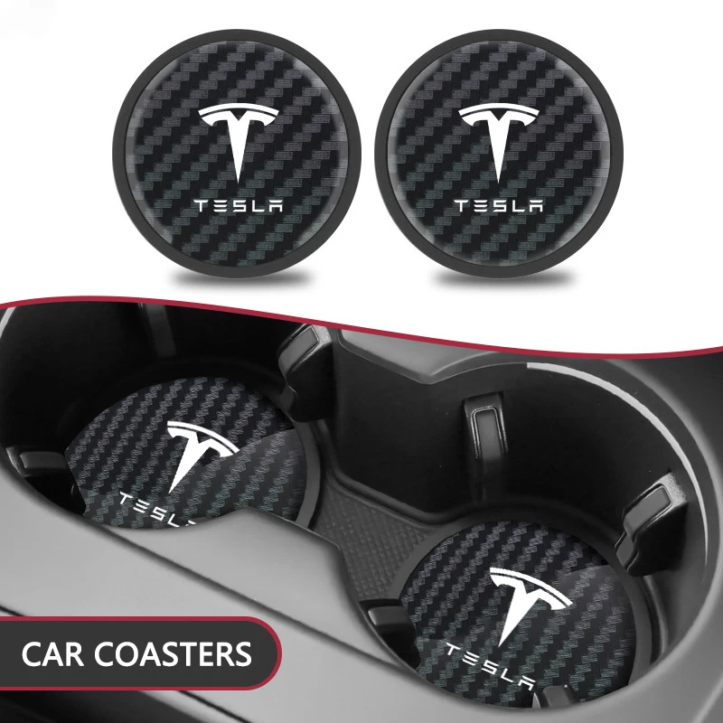 2PCS Carbon Fiber Pattern Car Coaster Water Cup Slot Anti-slip Mat For Tesla Model 3 Model S X Model Y Roadster SpaceX Accessory