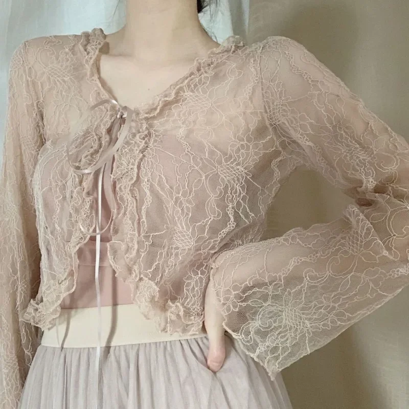 Vintage Lace Transparent Blouses Woman Coquette Sweet Short Shirt Casual Loose Cardigan Summer Korean Fashion Aesthetic