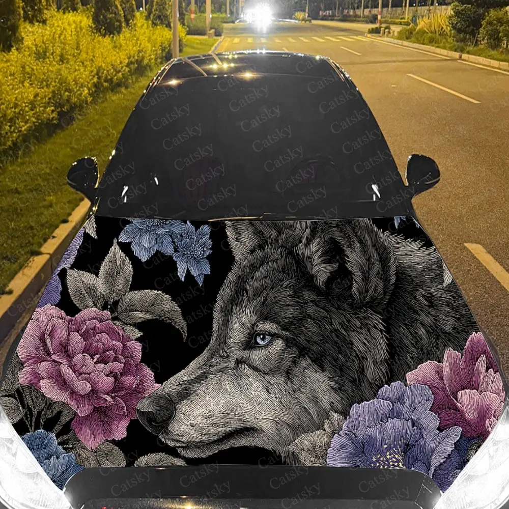 Car Decal Elegant Artistic Design with Wolf Amidst Floral Elements in Rich Color Palette Car Hood Sticker, Waterproof Self - Adh
