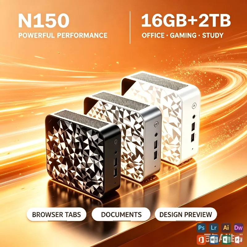 Business & Graphic Design Mini PC Intel N150, Hyper-Portable Compact Size, 16GB RAM, WiFi6, BT5.2, 4K HD Output