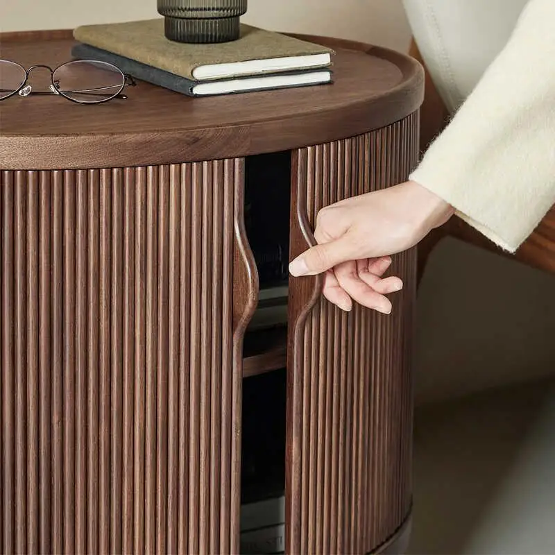 

Japanese-style rolling shutter door side cabinet North American black walnut round cabinet bedroom solid wood light luxury