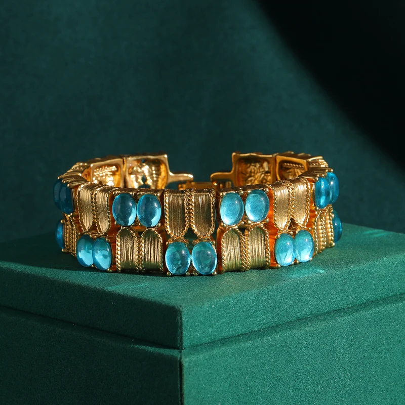 Vintage Sea Blue Bracelets Egg Face Gold Color Bangle Colorful Rhinestone Elegant Fantacy Luxury 2026 New Popular Trend Party