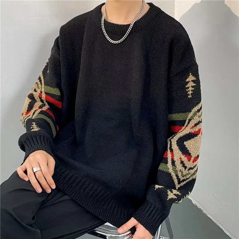 Vintage Totem Jacquard Knit Sweater For Men Fall Long Sleeve O Neck Casual Sweaters Fashion Knitwear Mens Trendy Knitted Jumpers