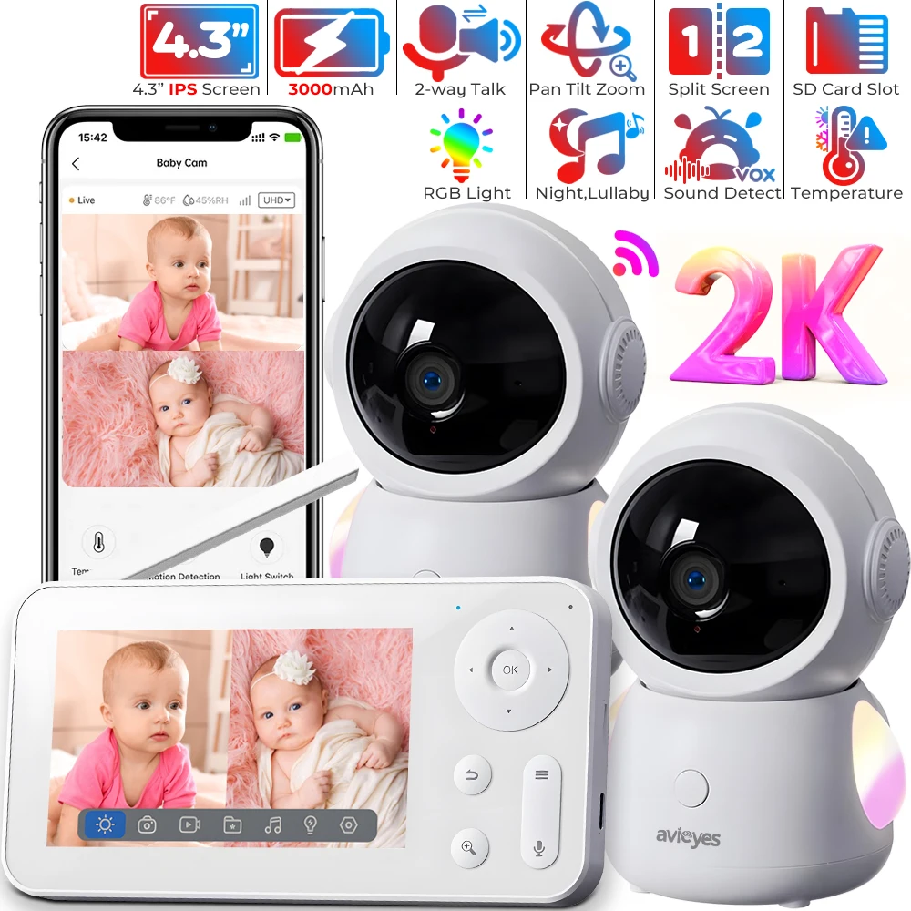 

Split-Screen WiFi Baby Monitor with Two Cameras 2K 3MP 4.3" Screen Baby Phone with Smart Phone App Auto Tracking PTZ Baby Camera