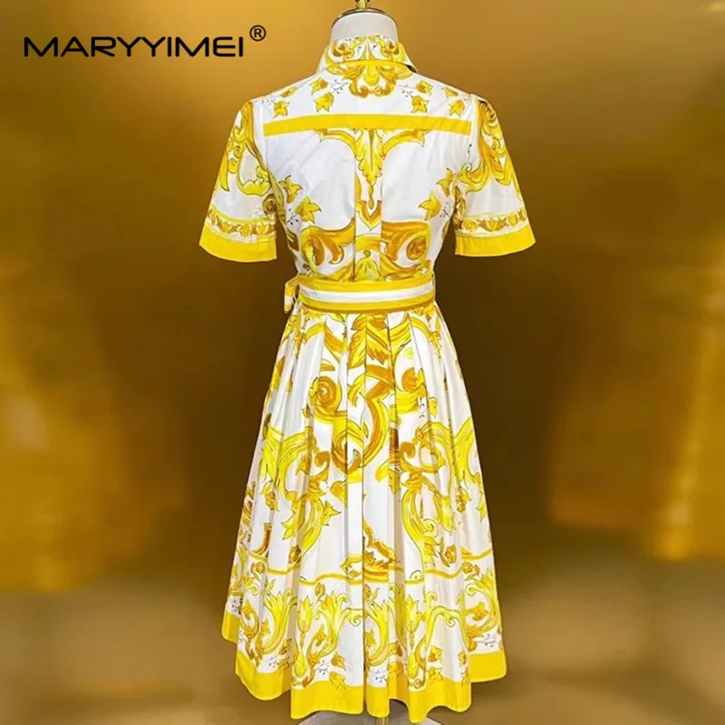 MARYYIMEI Spring Summer Women\'s Dress Turn-Down Collar Half Sleeved Single-Breasted Baroque Print Cotton Vintage Dresses