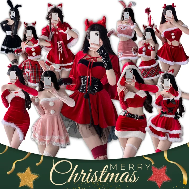 2025 New Red Velvet Christmas Woman Bunny Girl Uniform Sexy Lingerie Halloween Xmas Party Nightclub Dance Performance Dres RQR56