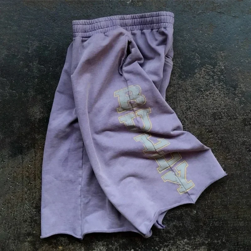 90s retro sports style American street side vertical retro letter print loose casual street cropped shorts