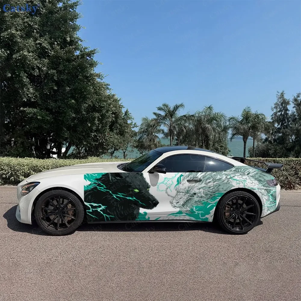 2pcs Cyan Lightning Wolf Dragon Car Side Wraps, Self-Adhesive PVC Waterproof & Scratch-Resistant Stickers, Car Accessory Gift