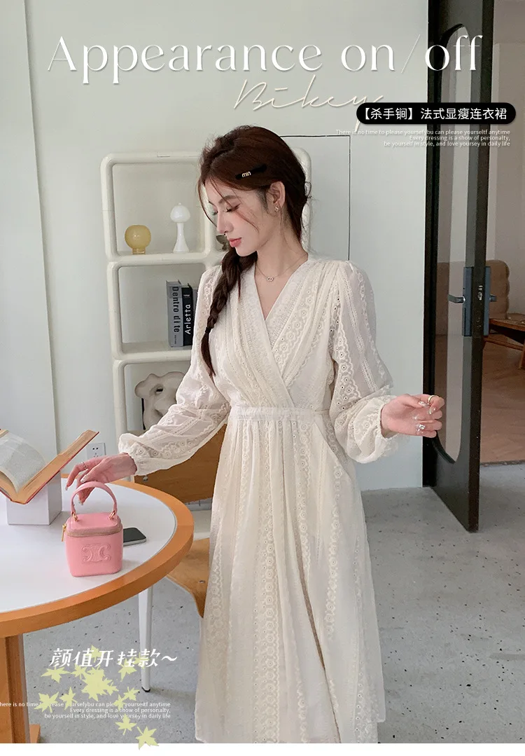 

White French V-neck Long Sleeved Dress for Women's Casual Waist Length Dress