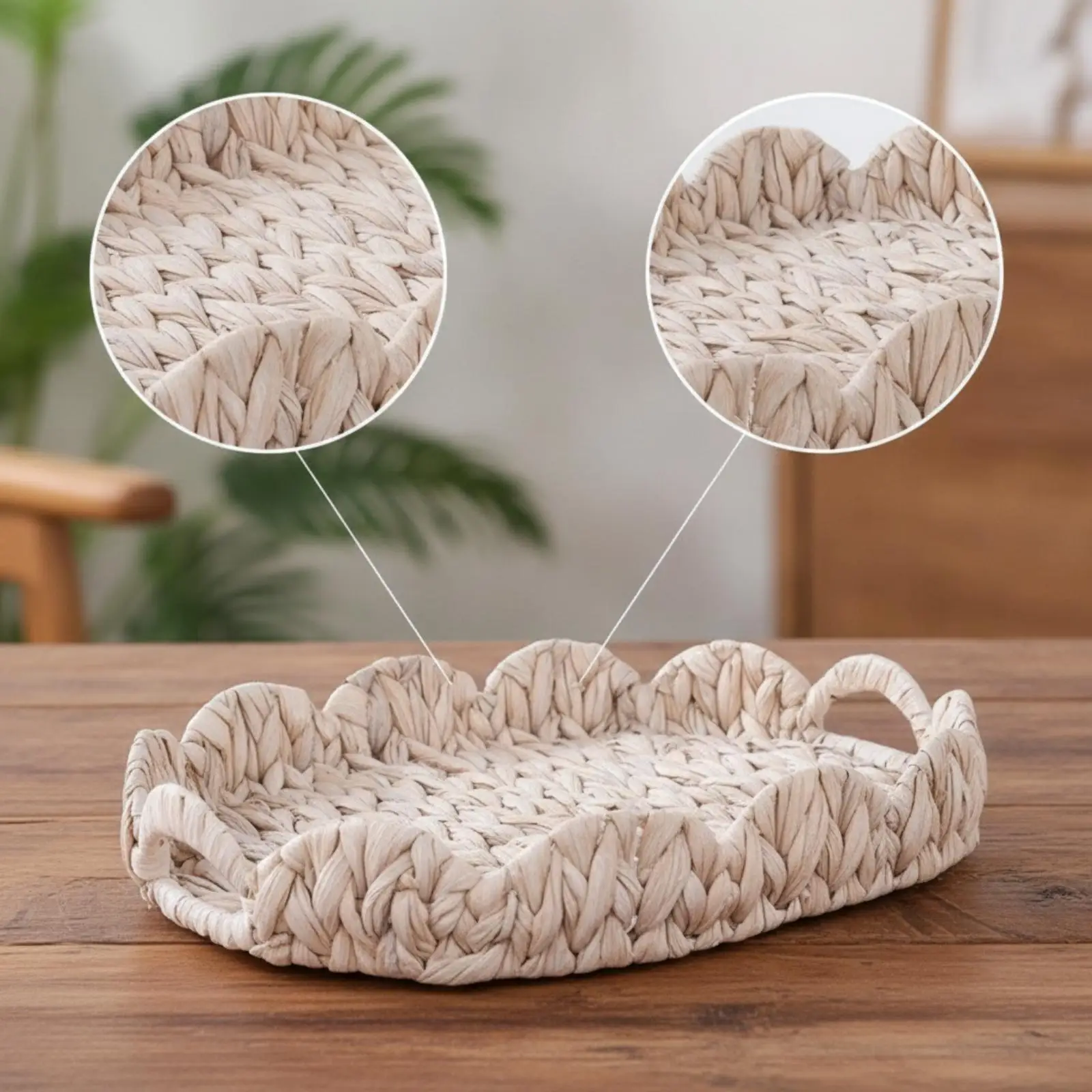 Woven Tray Basket with Lace Style Rim Cute Tray Small Items Organizer Decorative Tray for Coffee Table