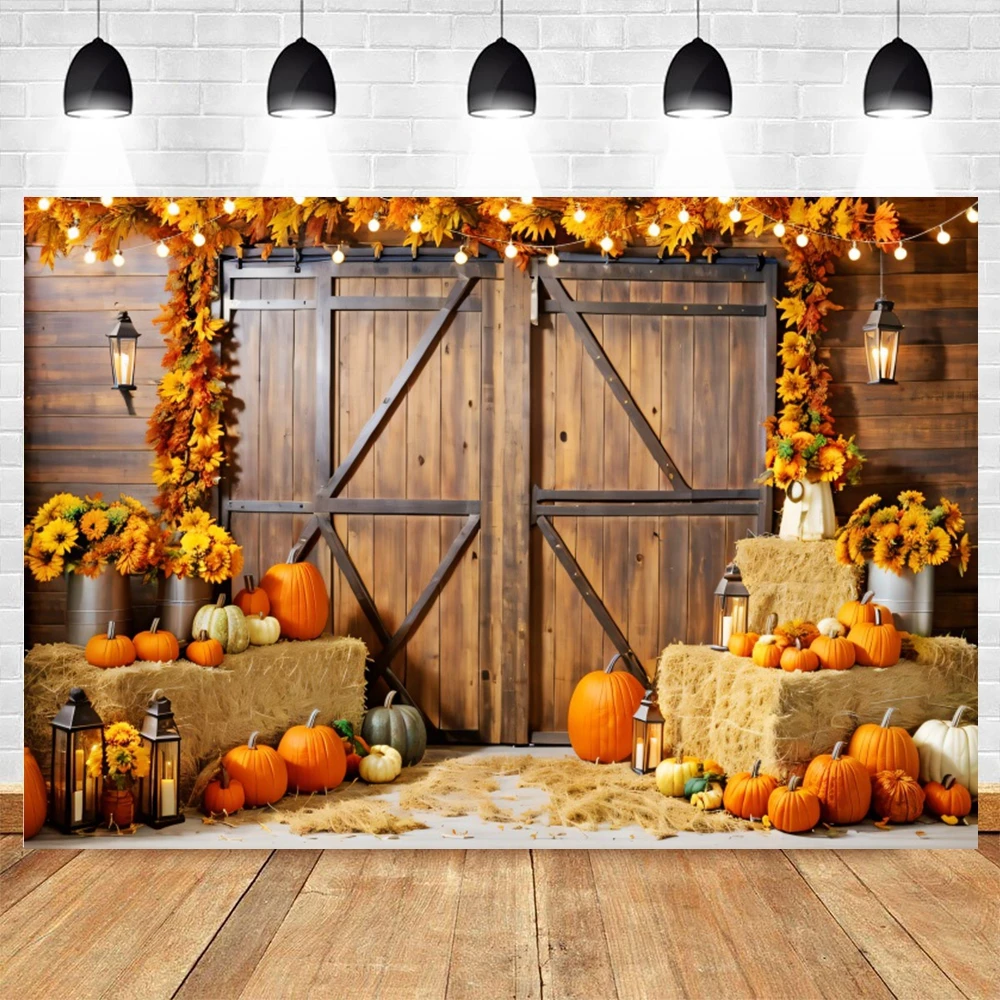 Fall Thanksgiving Backdrop Autumn Pumpkin Harvest Barn Background Hay Maple Leaves Baby Shower Banner Supplies Photo Booth Prop