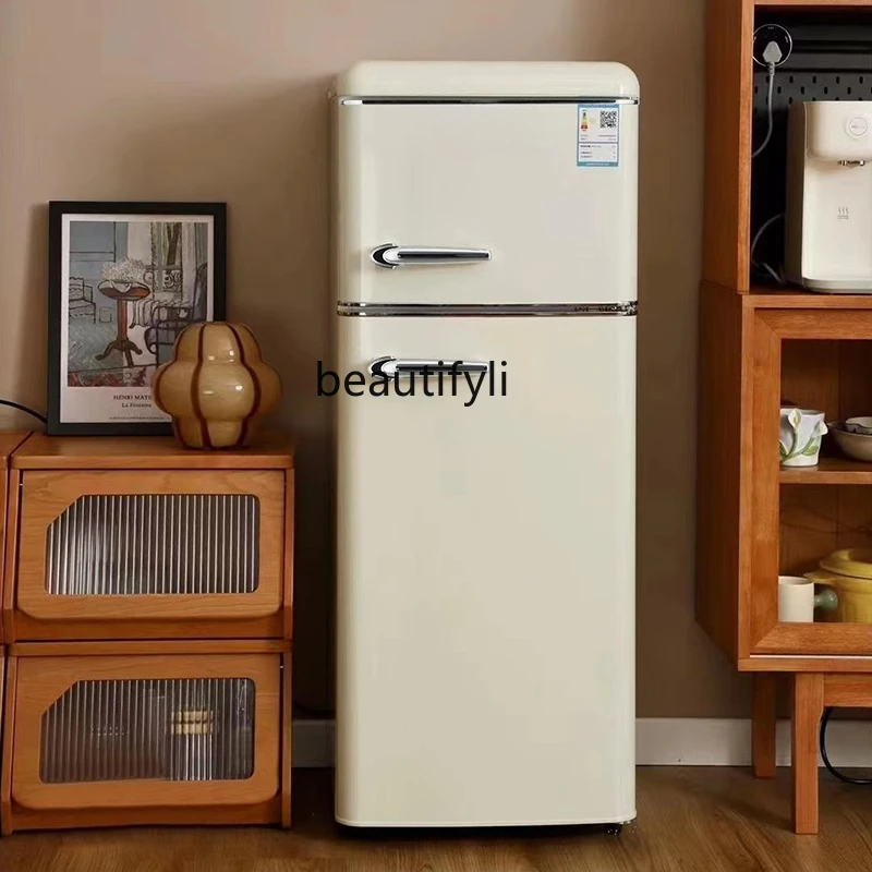 

Retro home small living room double door cream wind mother and baby, apartment, small refrigerator