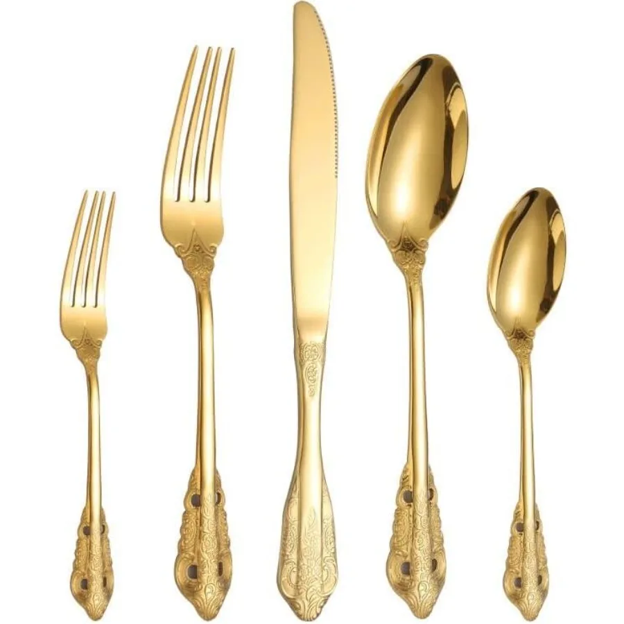 

Королевское серебро Золото Ретро Столовые приборы из нержавеющей стали 40-компонентные вилки Ножи и ложки Прочная кухонная утварь для ежедневного использования Fest