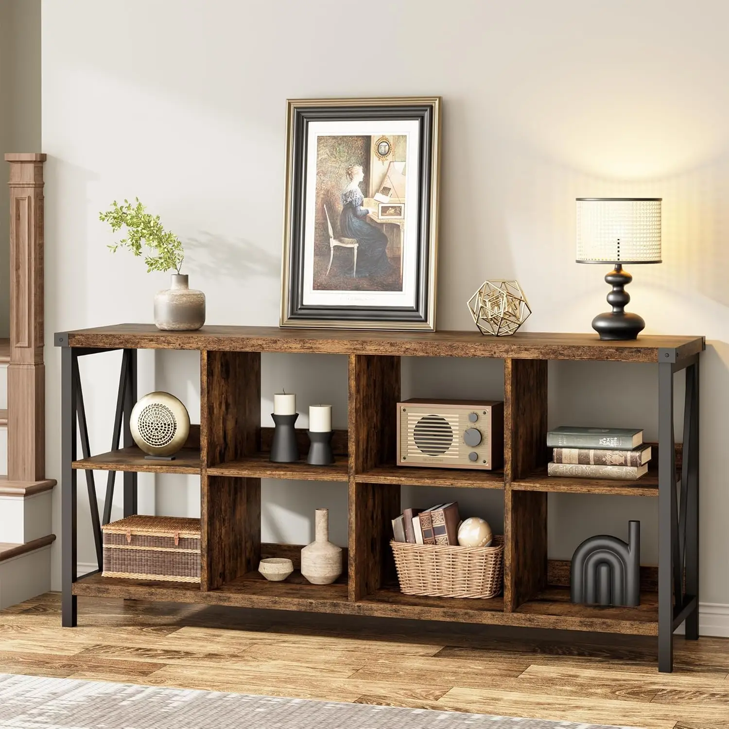 Farmhouse 8 Cube Storage Organizer Bookshelf, Rustic Wood Cubby Bookcase, Industrial Horizontal Long Shelf