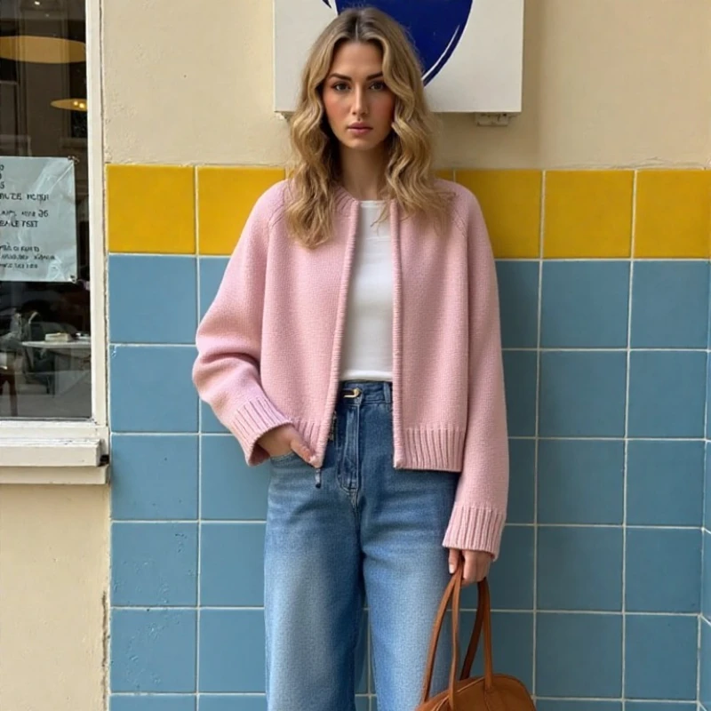 

New Autumn and Winter Women's Clothing Solid Color Women's Cardigan Long-sleeved Sweater Casual Fashion Zipper Knitwear O Neck