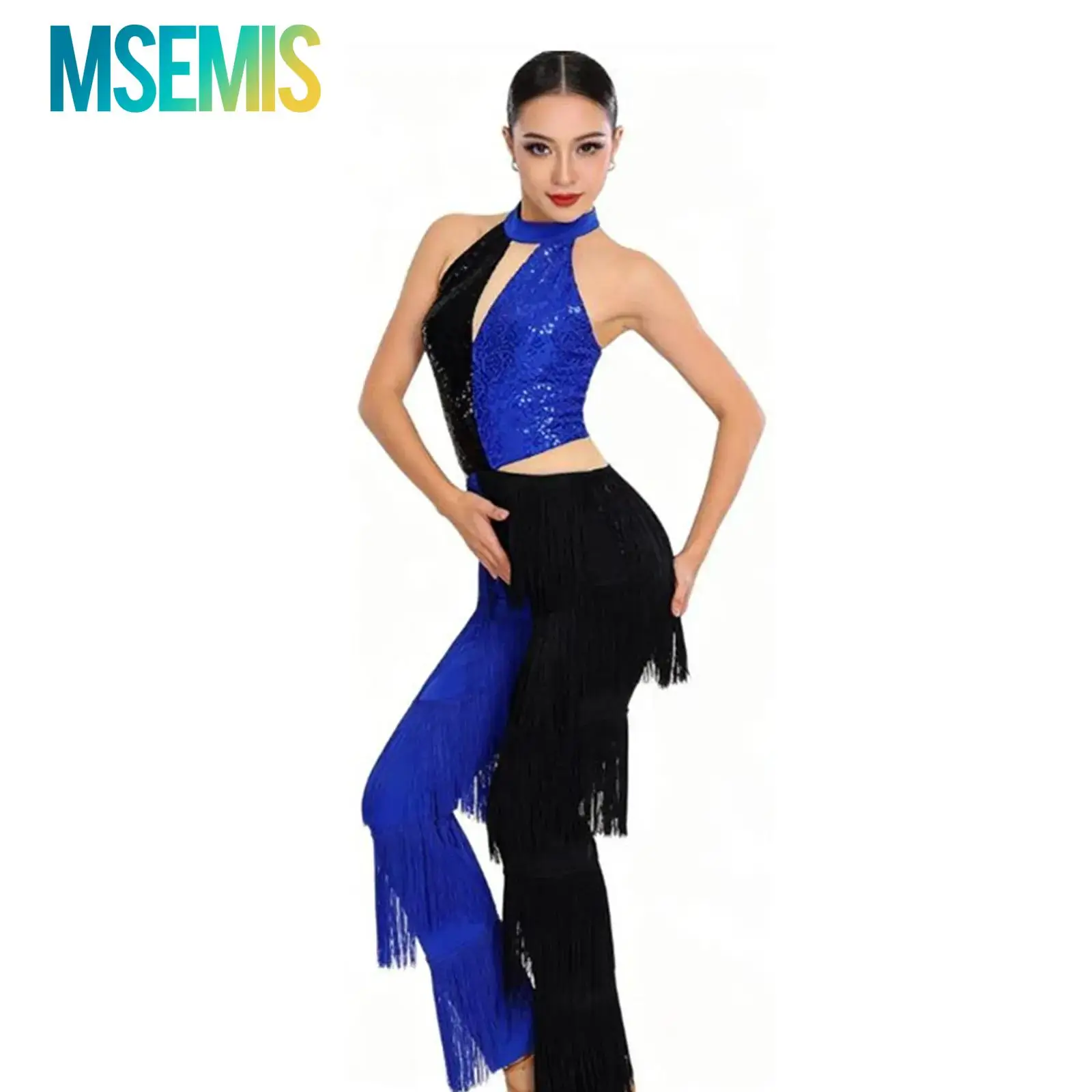 Womens 70s Disco Shiny Sequin Tassel Fringe Long Pants Jumpsuit Latin Ballroom Tango Dance Performance Costume Bodysuit Clubwear