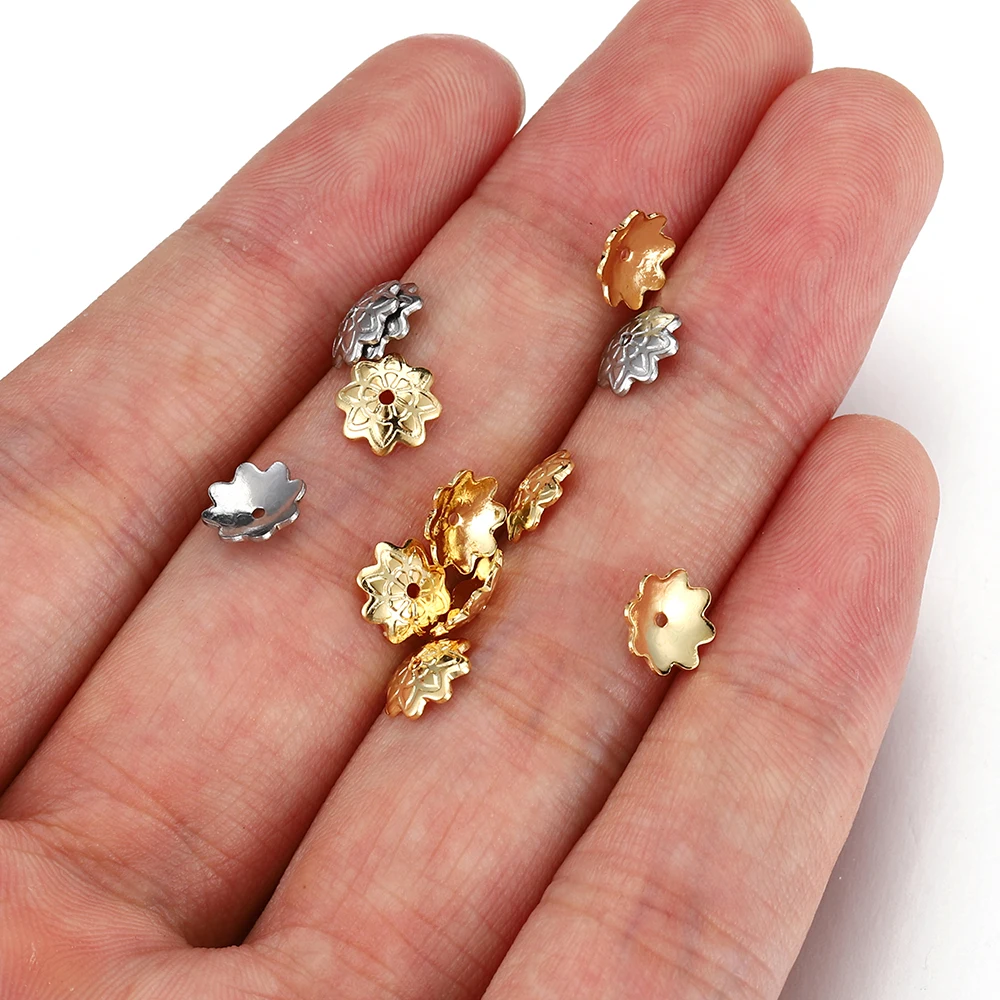50pcs 7mm Gold Color Stainless Steel Flower Bead Caps For Jewelry Making Needlework Spacer Bead Caps DIY Accessories view 5