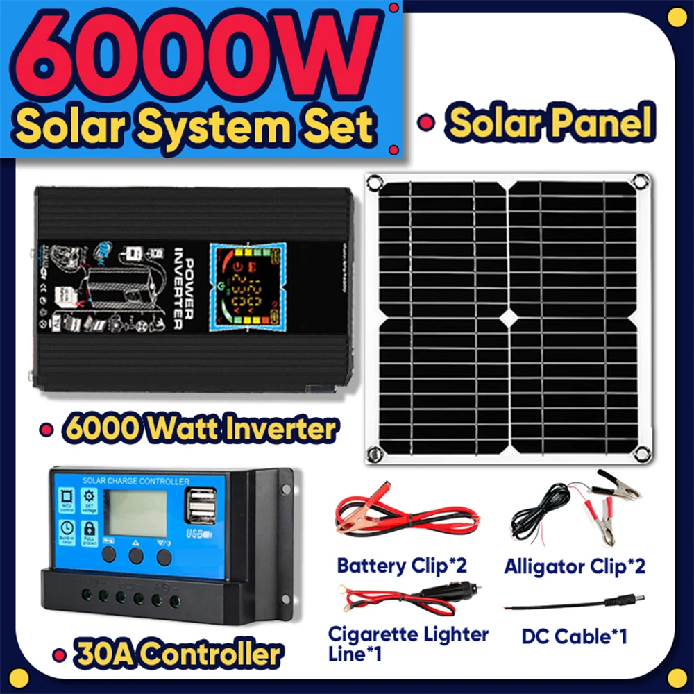 

Solar System Combination 6000W Inverter 30A Controller 200W Solar Panel 12V to 220V/110V Smart Charge & Discharge Camping