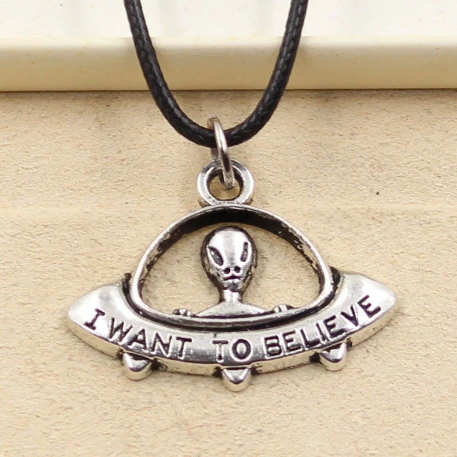 New Fashion Pendant I Want Believe UFO ET Necklace Choker Charm Black Leather Cord Factory Price Handmade Jewelry