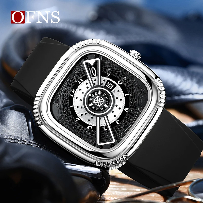 OFNS 1312 R square Gold Business Creative Pointer Men Watch Sport Quartz Timer Wristwatch High Quality Silicone Band Man Clock