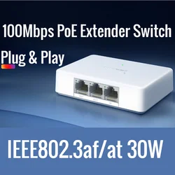 3 Ports PoE Power Supply Extender, 1 to 2 PoE extended ports, 10/100Mbps Indoor Ethernet PoE Switch Plug&Play IEEE802.3af/at 30W