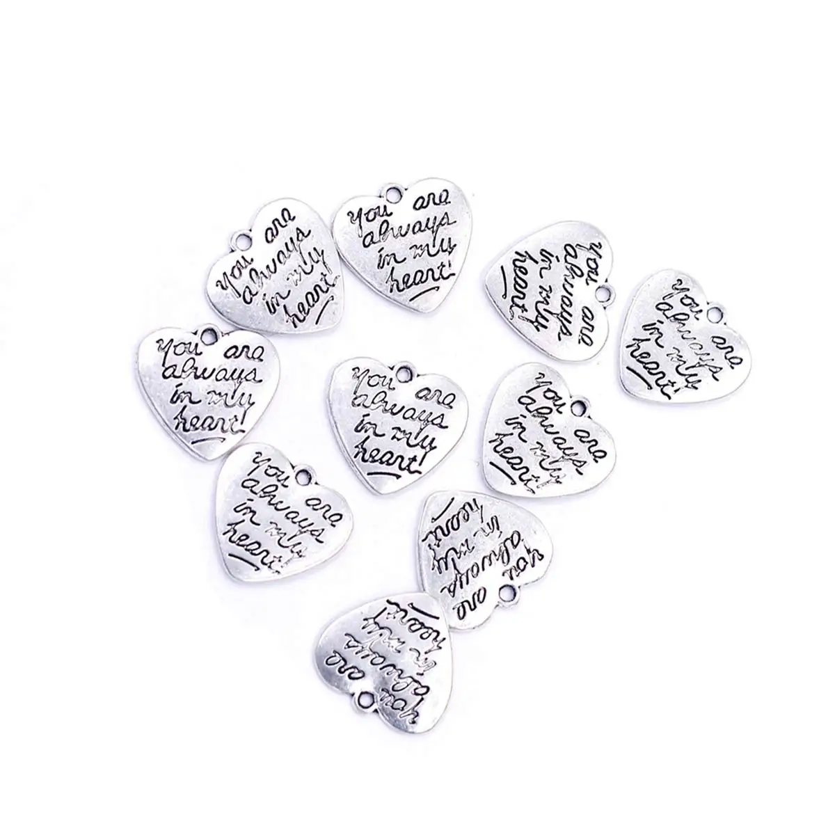 

100PCS Silver Tone Love Heart Words Engraved Pendant Charms DIY Jewelry Crafts Supplies Handmade Festival Gift Decoration