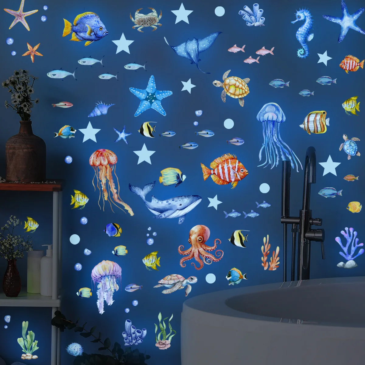 

Whale Octopus Star Turtles Ocean World Luminous Stickers Glow In The Dark For Children's Room Fluorescent Decals Home Decoration