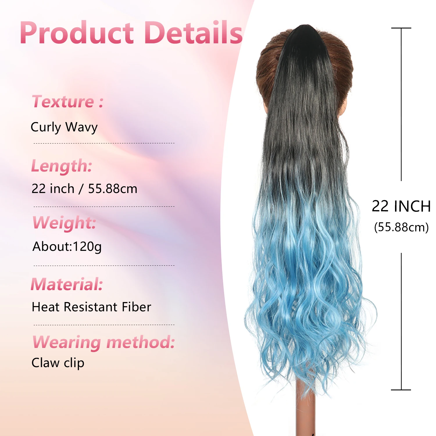 Synthetic Claw Ponytail Extensions 22inch Water Wave Ombre Black to Blue Colorful Ponytail Hairpieces for Women Ladies