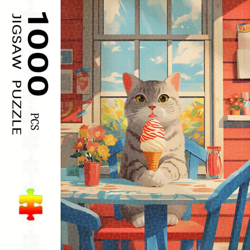 Jigsaw Puzzle 500/1000 Pieces Animal Cats Eat Ice Cream Puzzles Adult Present Portable Box for Family Games Educational Toys