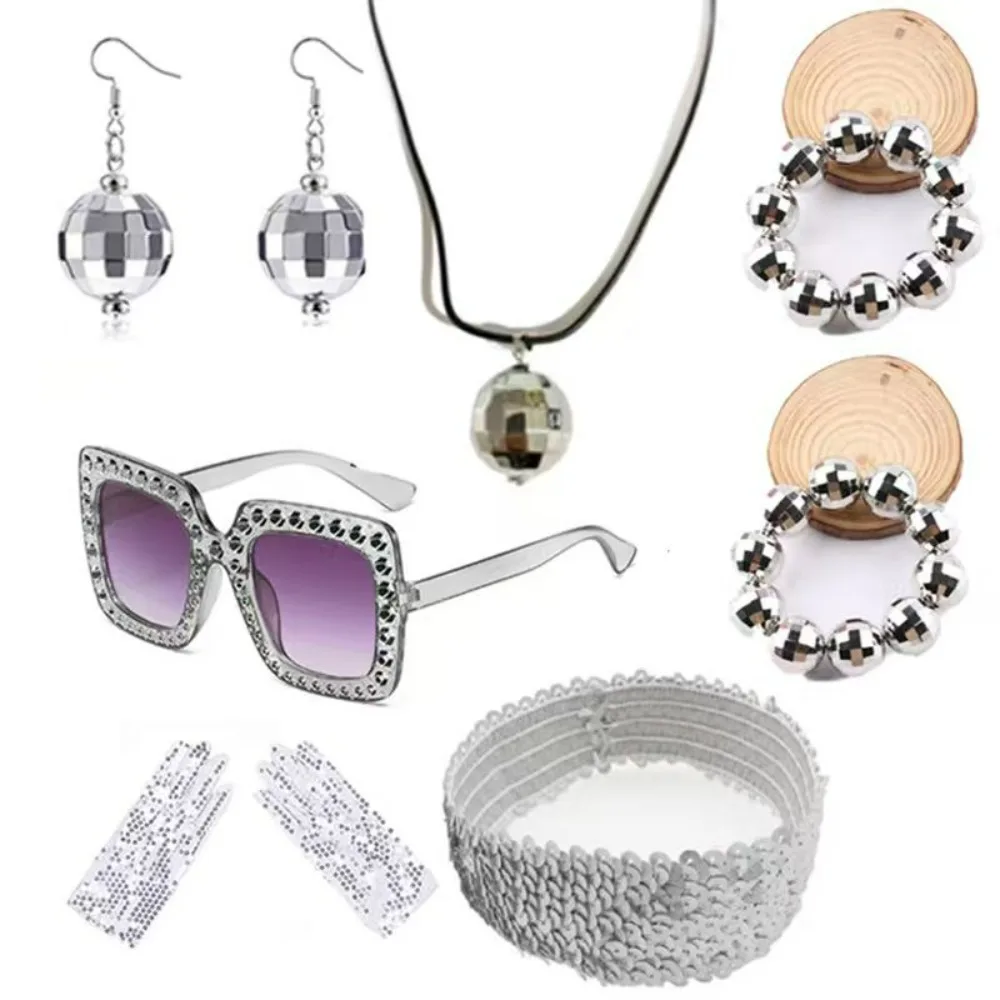 

PESENAR1970s 6 - Piece Disco Accessory Set: Mirror Ball Earrings, Necklace, Bracelets, Sunglasses, Sequin Belt