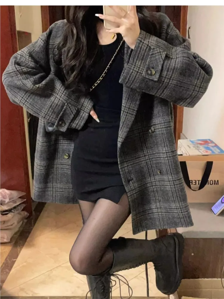 

Women's Korean Autumn Mid-Length Plaid Coat Fashion Simple Loose Fit Double-Sided Type Female Winter Thickened Jackets Outwear
