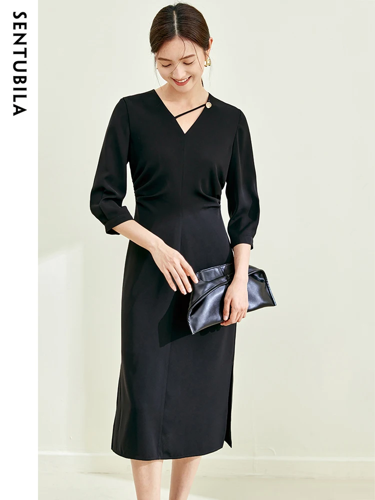 SENTUBILA Elegant Black Dresses for Women Autumn V-neck Slit Midi Office Lady Simple Three Quarter Sleeve Dress Woman 133L50418