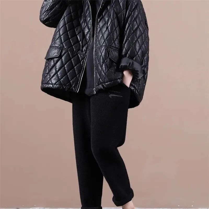 2023 New Women's Leather Clothes Female Loose Black PU Leather Jacket Spring Autumn Coat Quilted Thicken Winter Cotton Outerwear