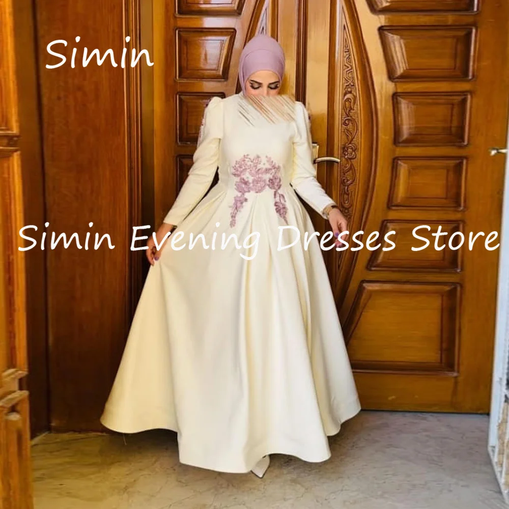 Simin Satin A-line O-neck Applique Ruffle Arab Formal Prom Gown Ankle-length Saudi Evening Elegant Party dresses for women 2023